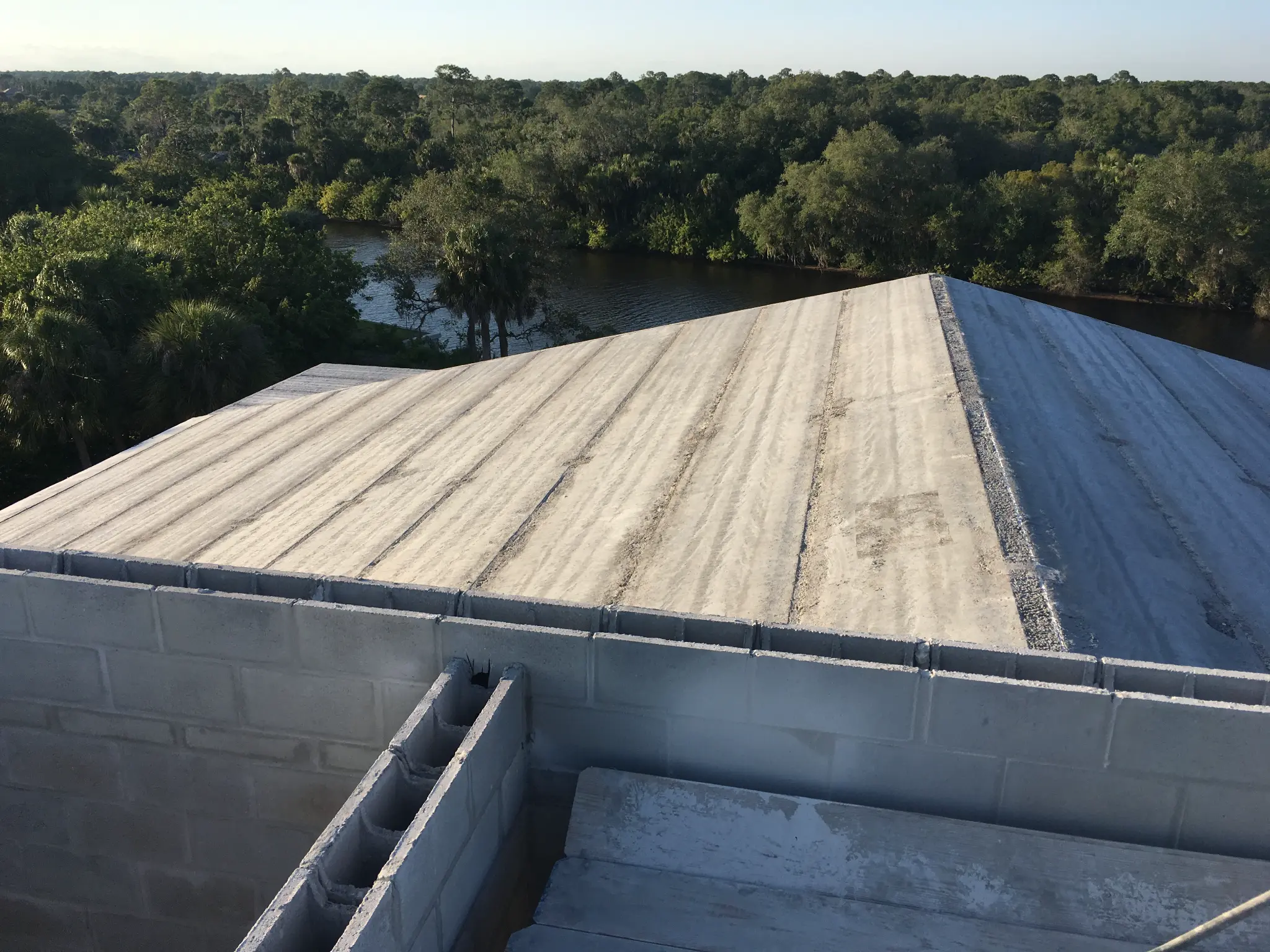 Aerial view of hollowcore roof deck overlooking Florida waterway